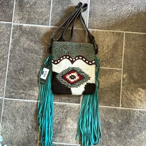 Myra Bag Viridian. Western Crossbody purse with leather tooling and hair on hide